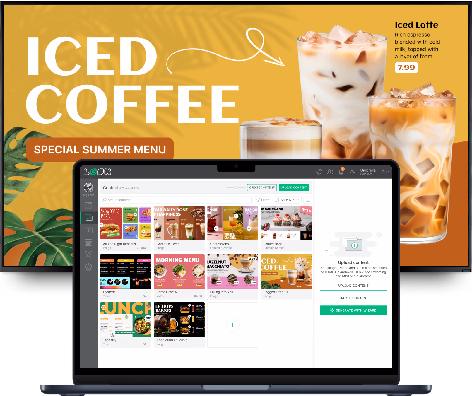 Laptop screen shows content management app in front of poster advertising iced coffee summer menu with three iced drinks.