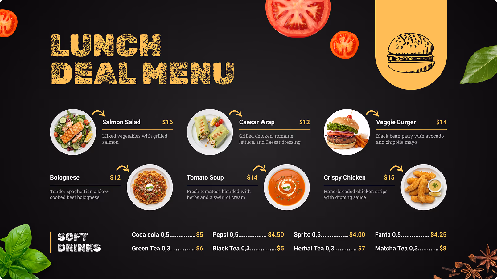 Lunch deal menu with dishes like salmon salad, Caesar wrap, veggie burger, bolognese, tomato soup, crispy chicken.