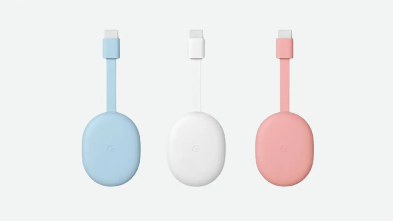 chromecast with google tv in blue, white and pink color