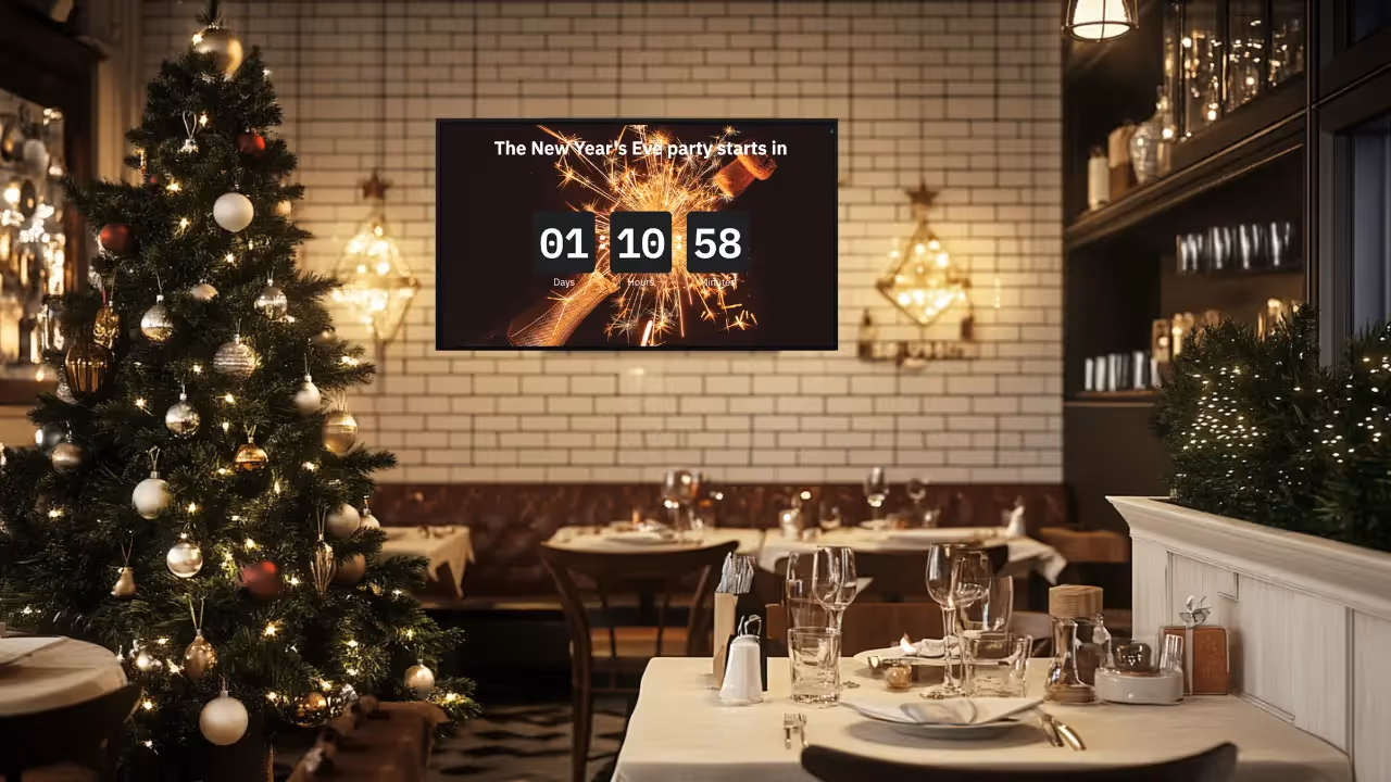 Christmas countdown timer on TV screen in the cafe