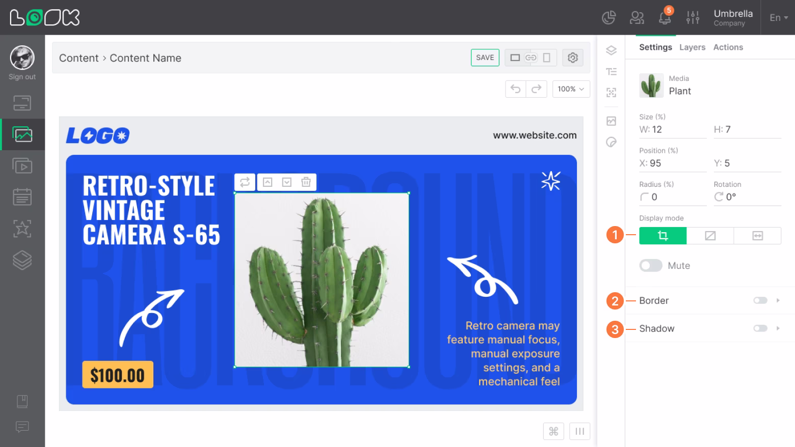 Editable content, media settings