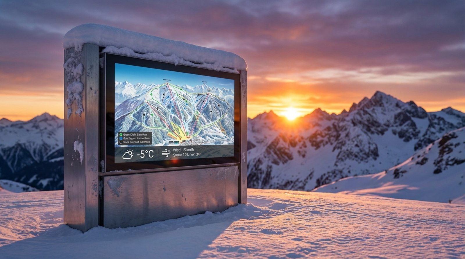 A durable outdoor digital signage kiosk at a ski resort displays a trail map and weather forecast amidst snowy mountains during sunset.