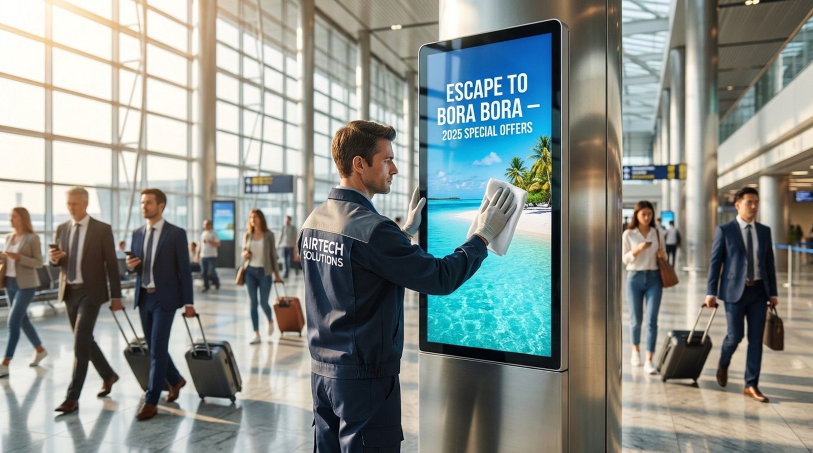 Technician performing maintenance on a large digital signage screen in an airport terminal.