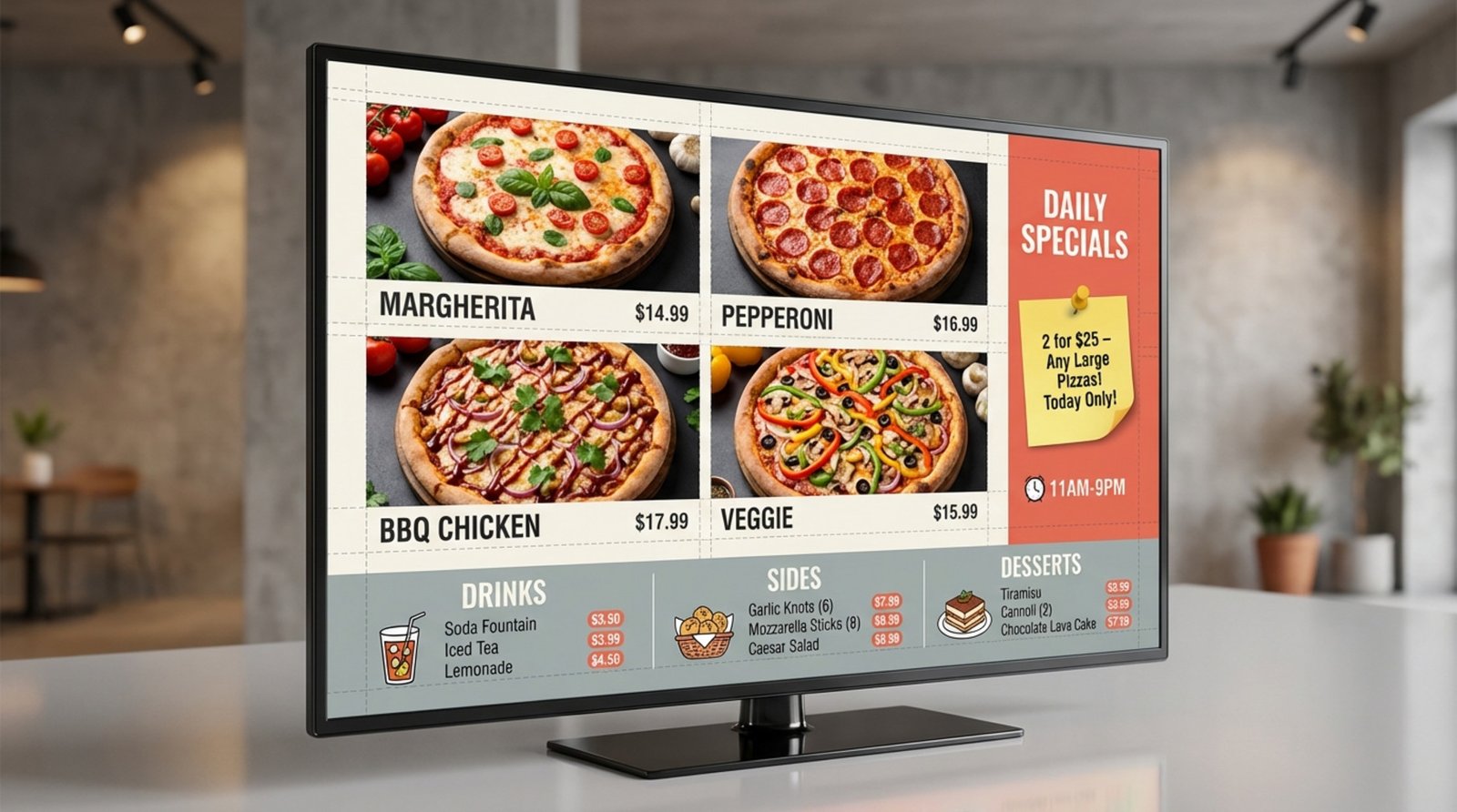 An infographic-style illustration of a digital menu board layout with featured pizzas, daily specials, and sections for drinks sides and desserts.