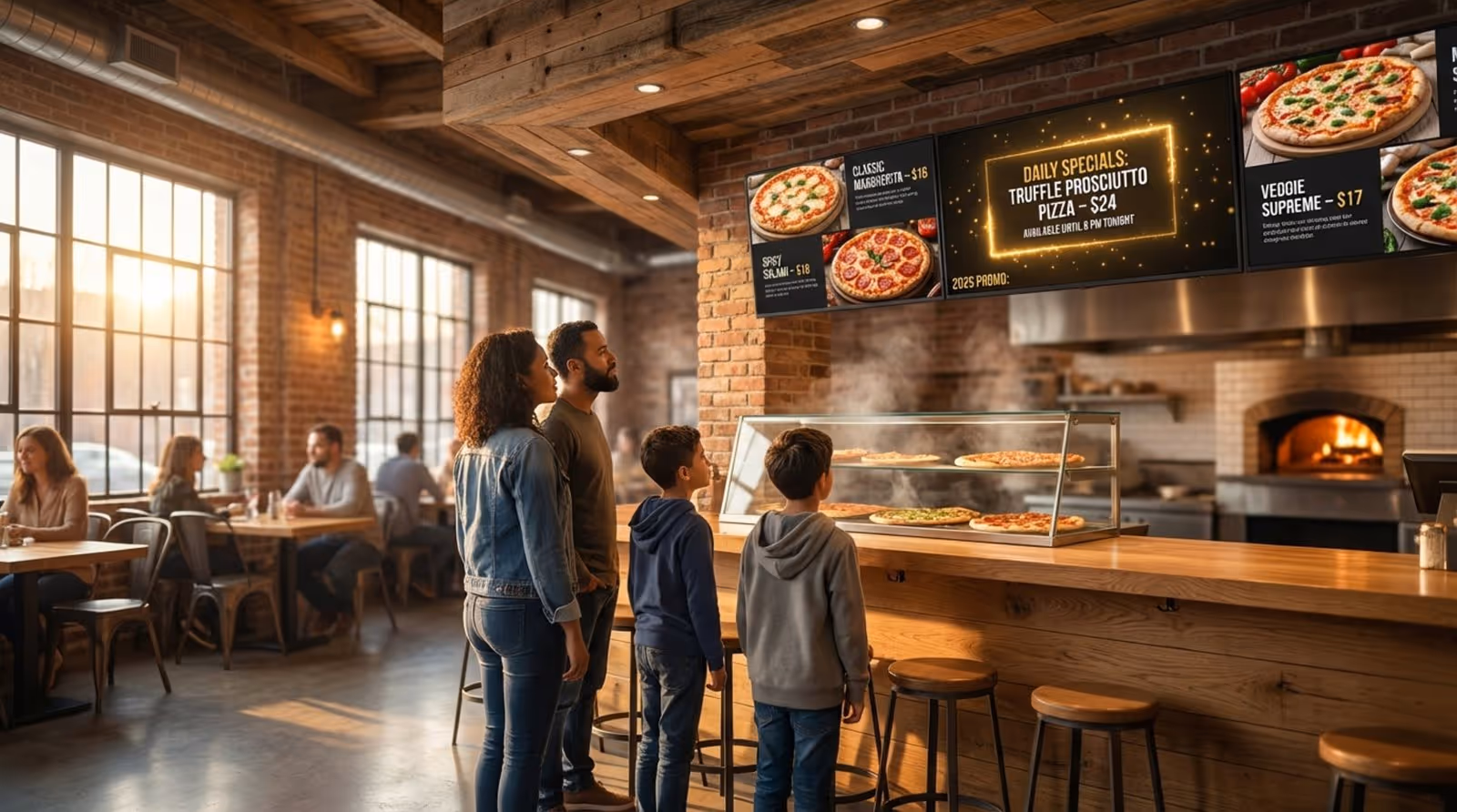 Photorealistic depiction of a modern rustic pizzeria interior with customers viewing digital menu boards displaying pizzas and specials.