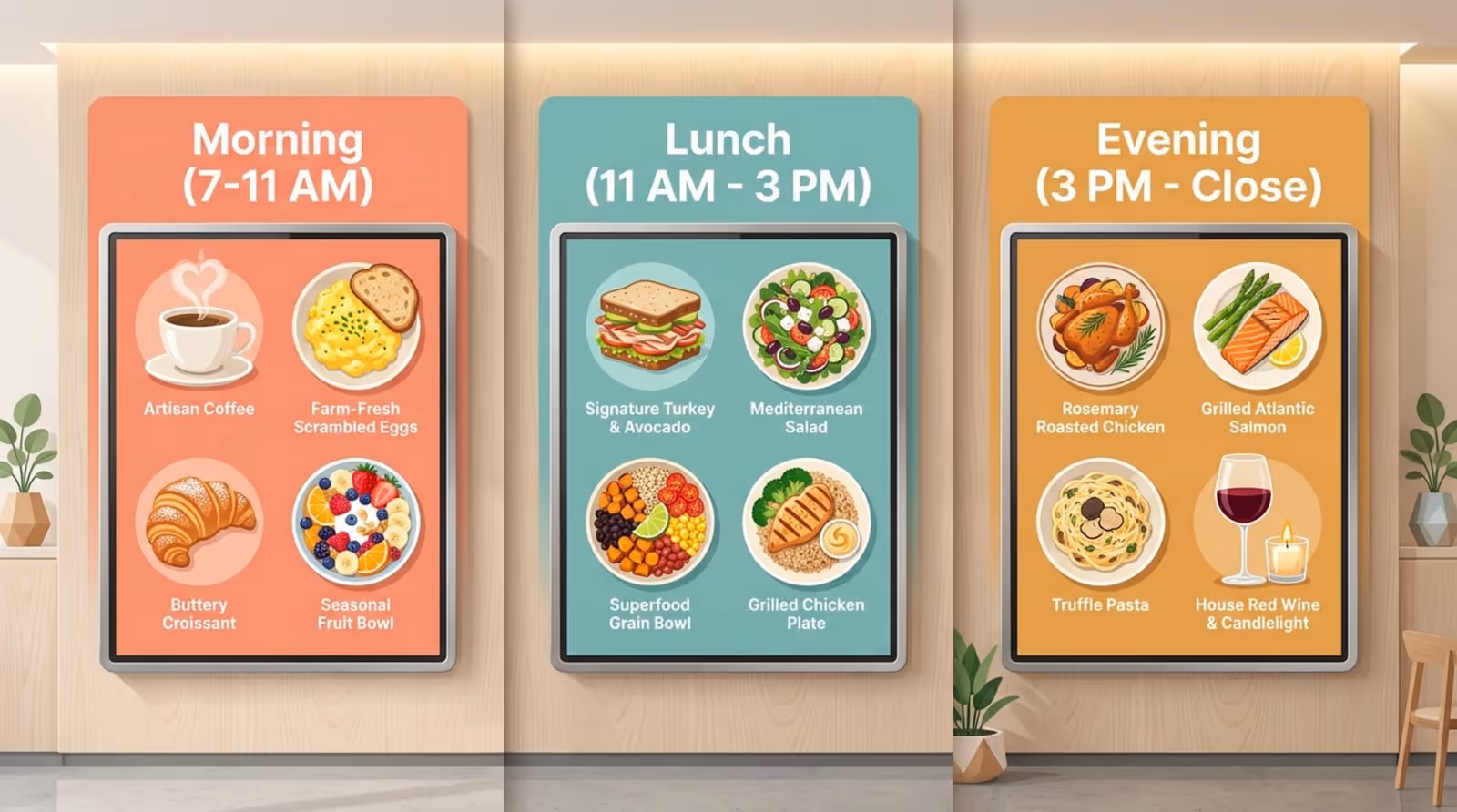 Illustration of a modern cafe's digital menu board split into three panels showing morning lunch and evening offerings with a bright welcoming style