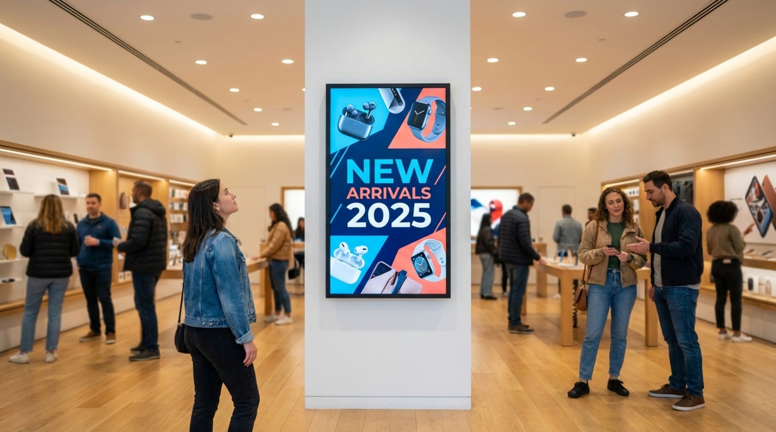 A digital reader board displays a vibrant advertisement in a modern retail store with shoppers in the background.