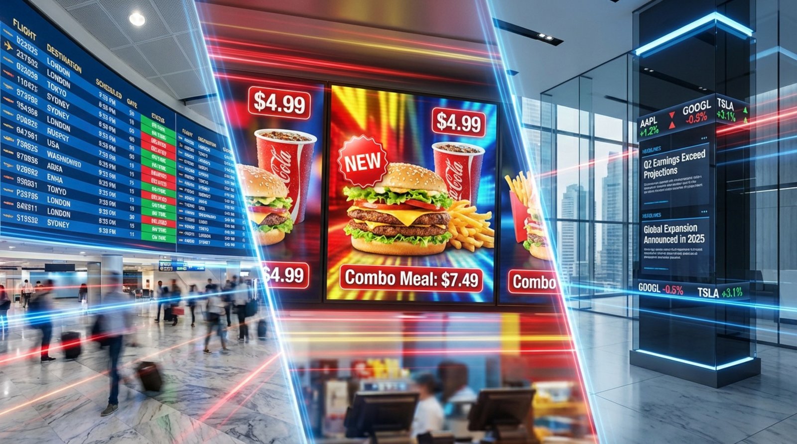 A vibrant collage of digital reader boards in action showing menus, airport information, and corporate displays with energetic colors and sharp text.
