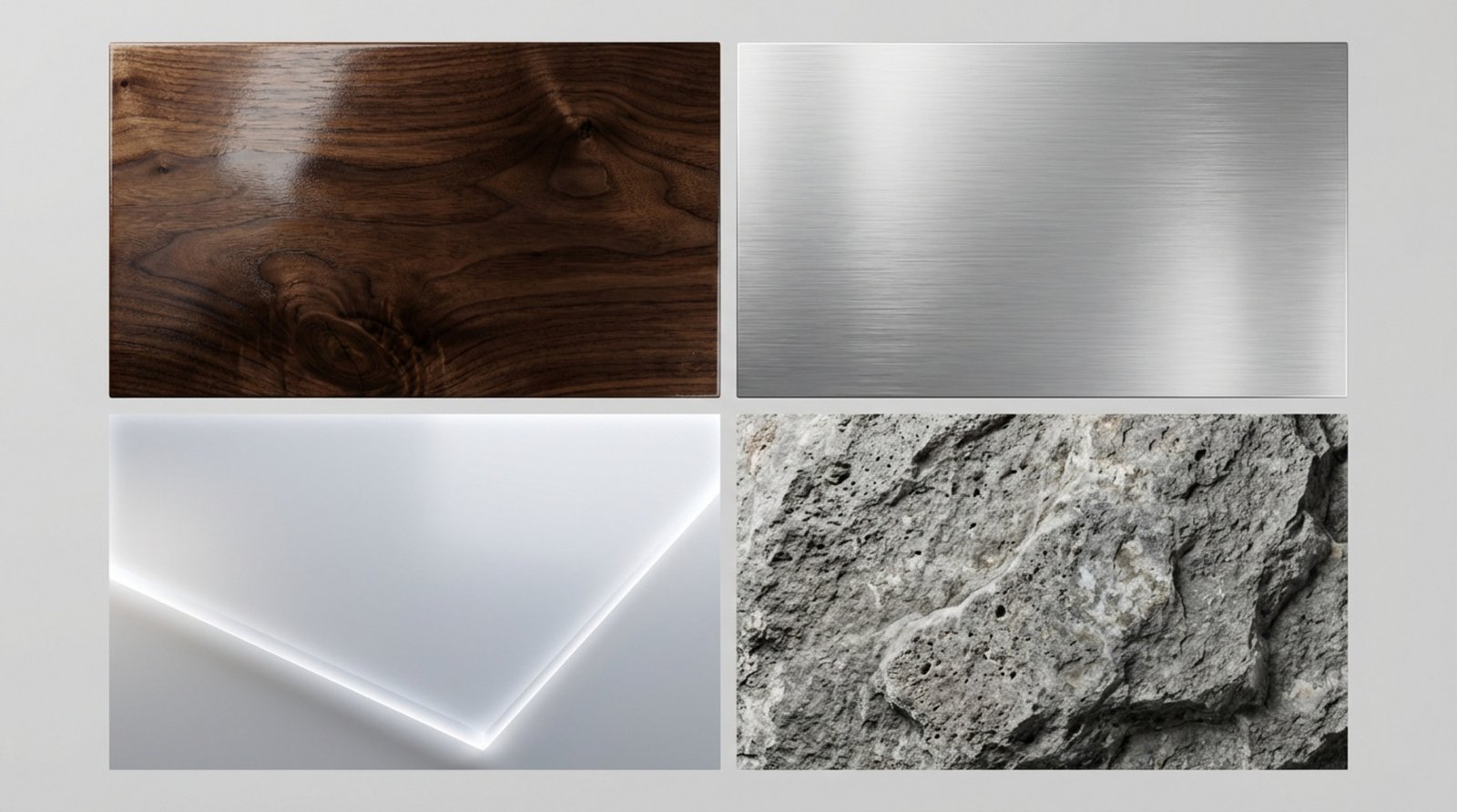 Close-up collage highlighting the textures of exterior sign materials including wood, aluminum, acrylic, and stone.