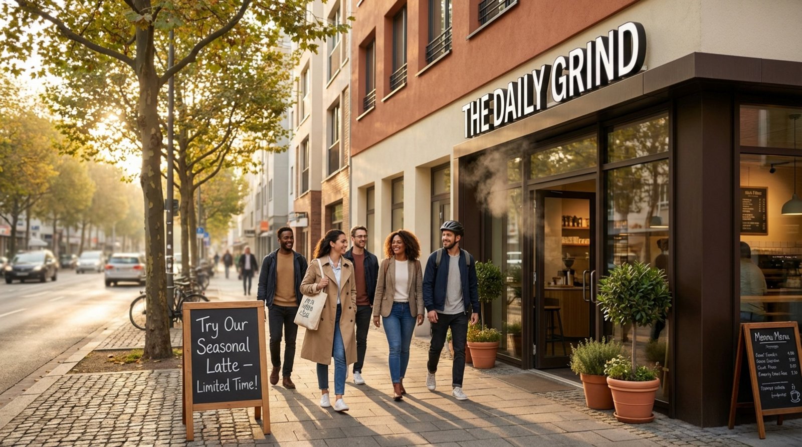 A lively street scene showing a modern cafe with a backlit sign and people entering, highlighting a welcoming atmosphere and seasonal offerings.