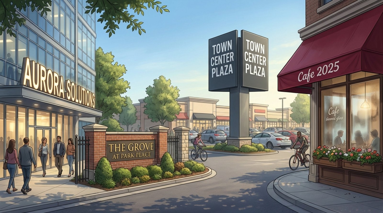 A collage of various exterior signs including storefront, monument, pylon, and awning signs in a sleek, modern illustration style.