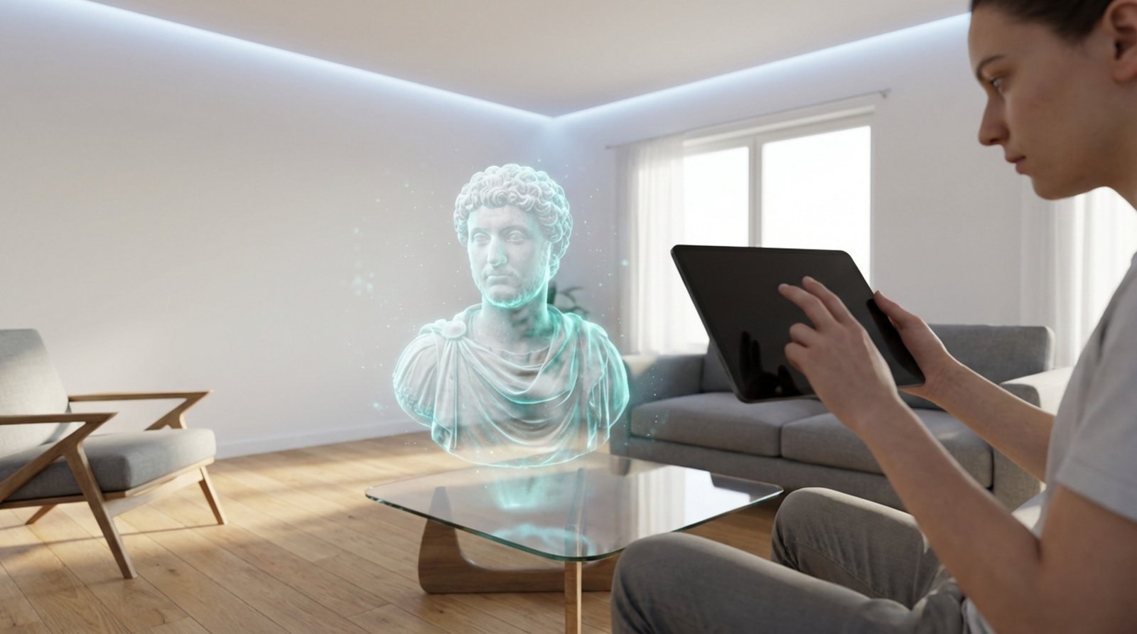 A person interacts with a 3D Roman bust projection in a modern living room, illustrating augmented reality museum experiences at home.