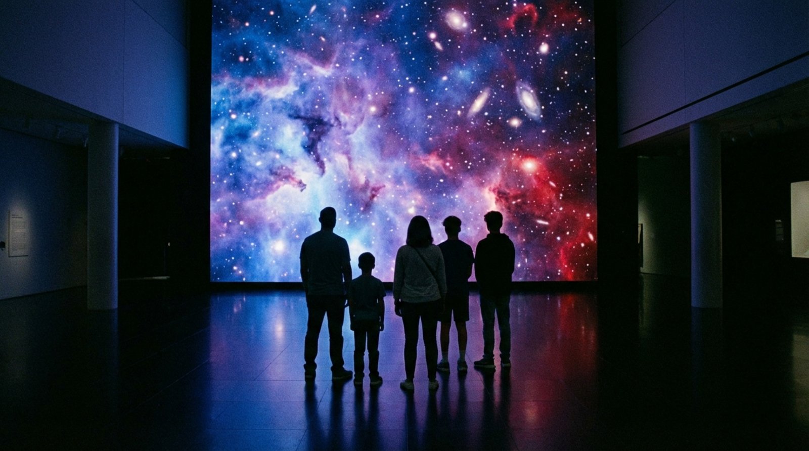 Visitors stand captivated in a dark museum gallery illuminated by a large video wall displaying a high-resolution deep space scene.