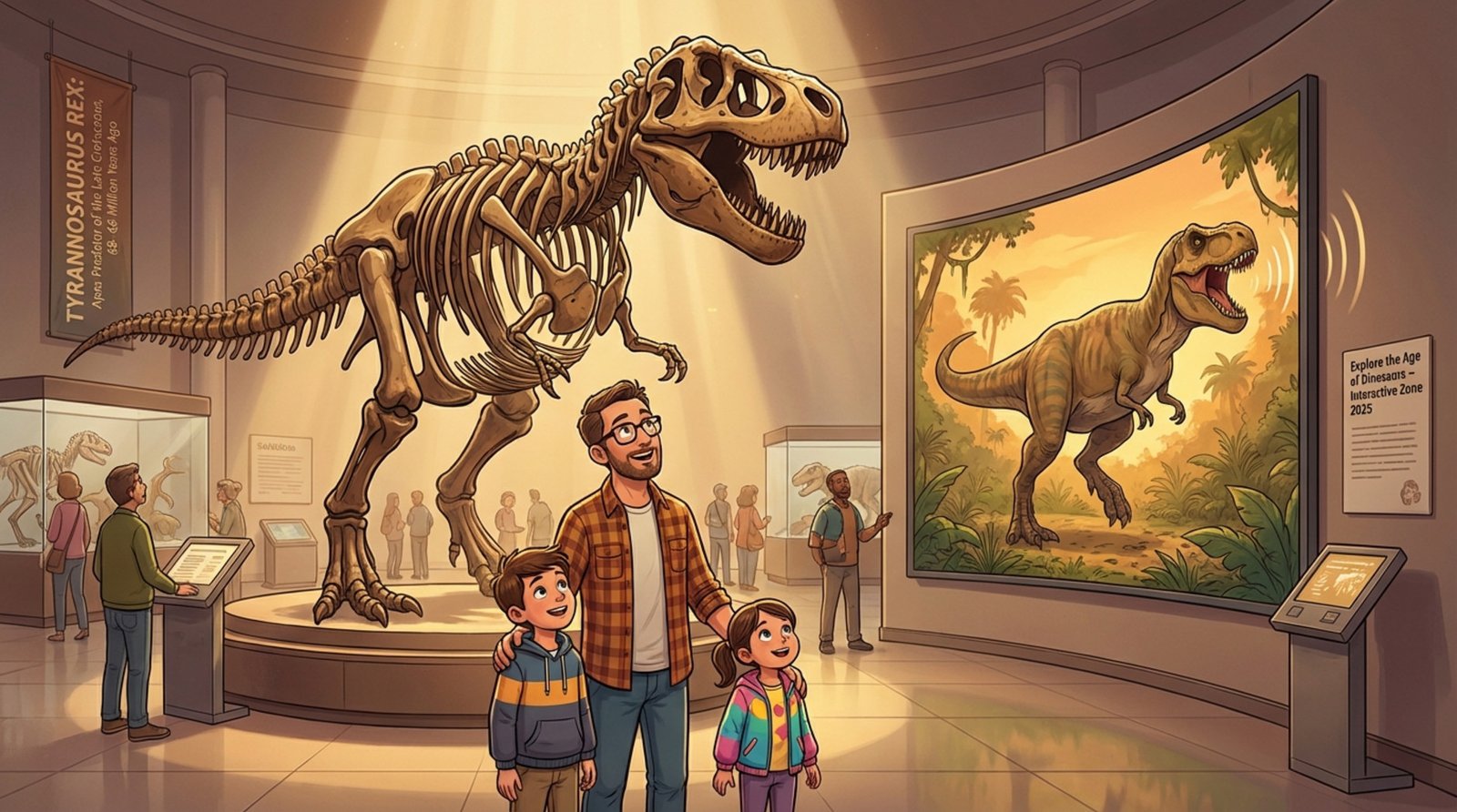 A family observes a T-Rex skeleton in a museum with an animated display bringing the fossil to life.