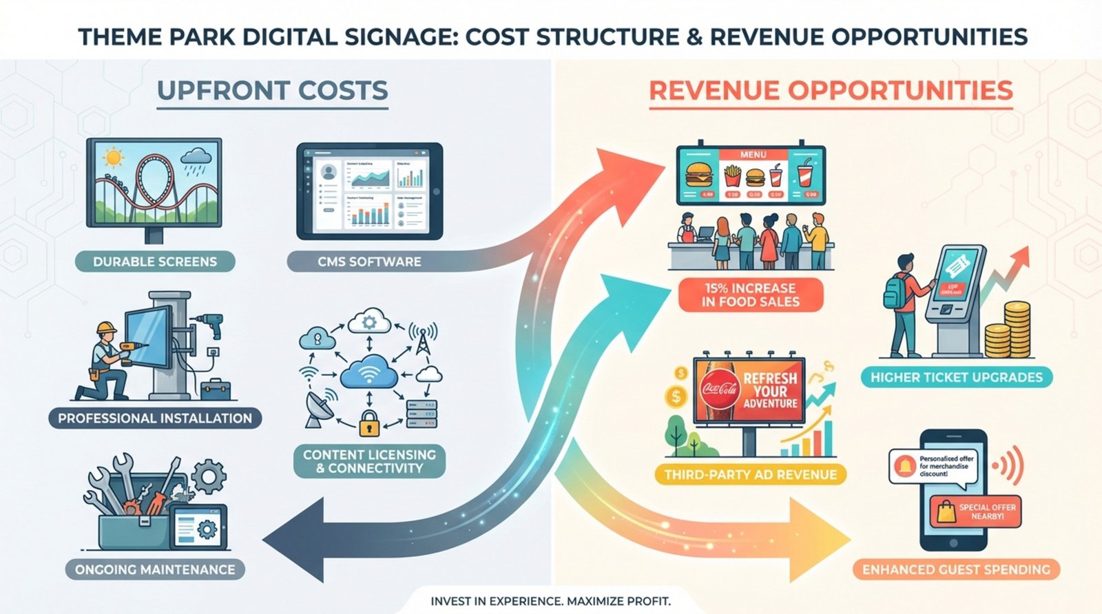 Infographic illustrating how digital signage investments in theme parks generate revenue through increased sales and upgrades.