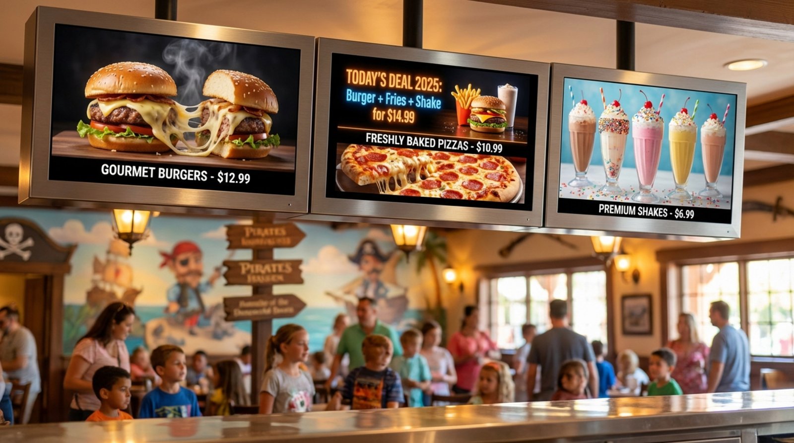 Photorealistic digital menu board displaying food options and daily specials in a themed park restaurant.