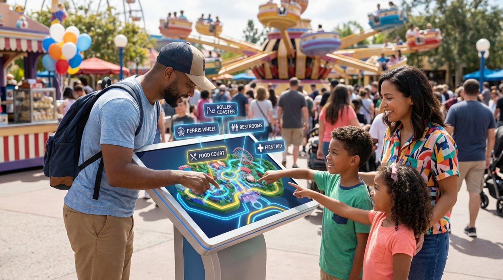 Family looks at a bright, interactive wayfinding kiosk displaying a colorful 3D park map with animated routes and attraction icons.