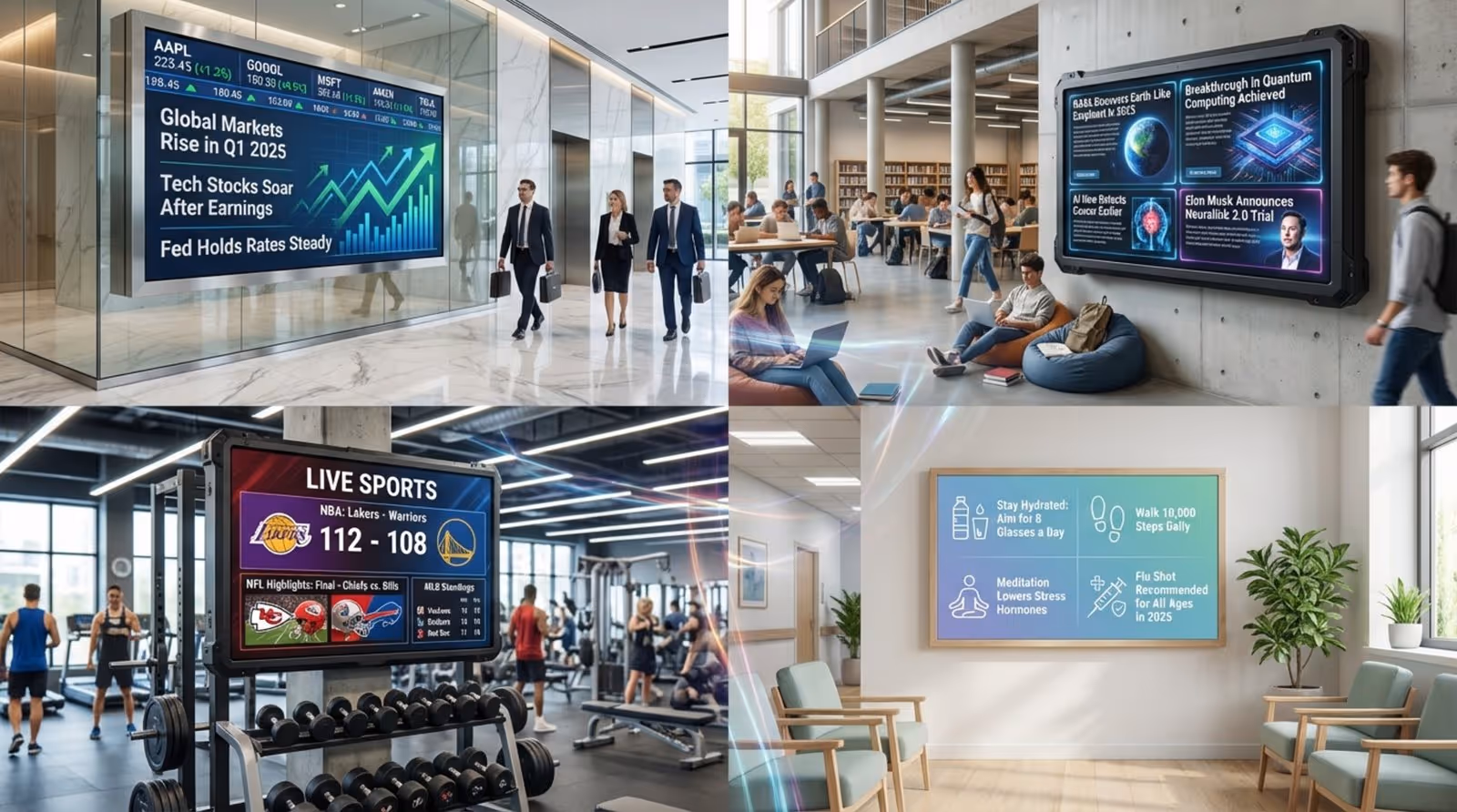 A collage of four digital signage screens displaying different RSS feed categories in various settings, highlighting diverse content like stock market updates, sports scores, health tips, and science news.