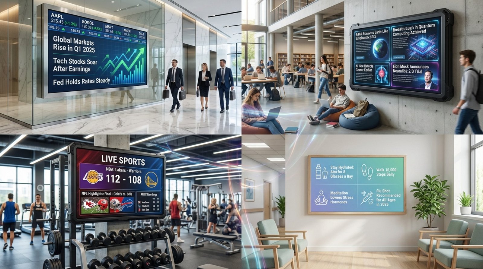 A collage of four digital signage screens displaying different RSS feed categories in various settings, highlighting diverse content like stock market updates, sports scores, health tips, and science news.