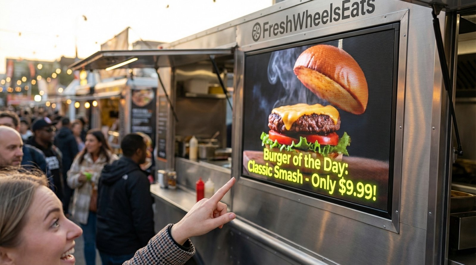 Customer points at a bright digital menu on a food truck, showing a looping burger video and special offer, conveying excitement and interest.