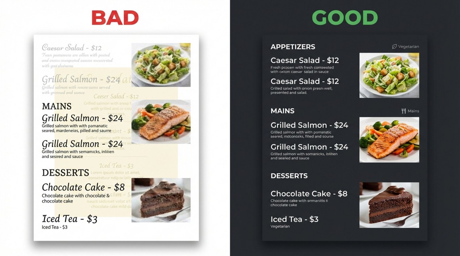 Comparison of good and bad digital menu design showing cluttered versus clean layouts with clear fonts and high contrast.