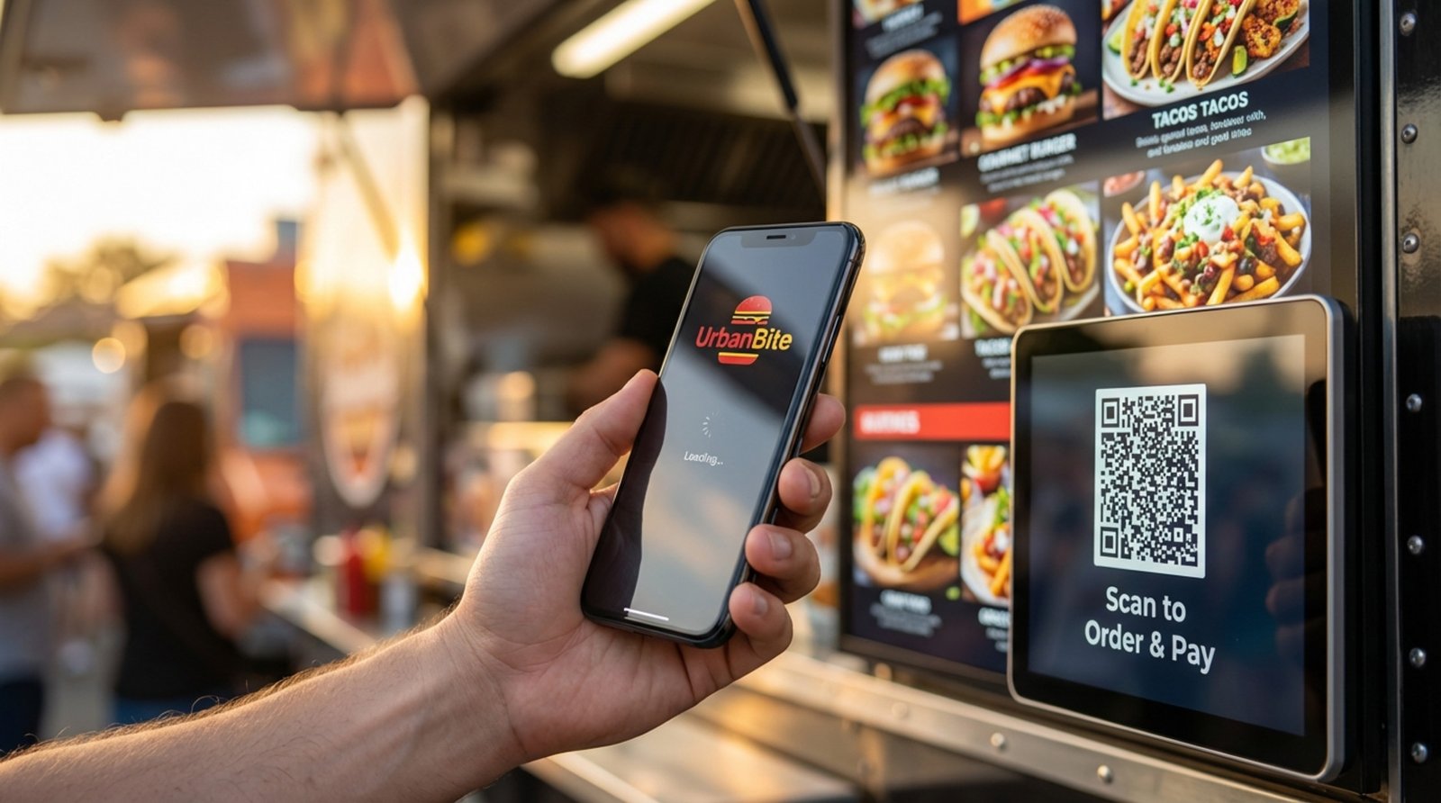 A customer scans a QR code on a food truck's digital menu to order and pay, with the smartphone screen loading the online menu.