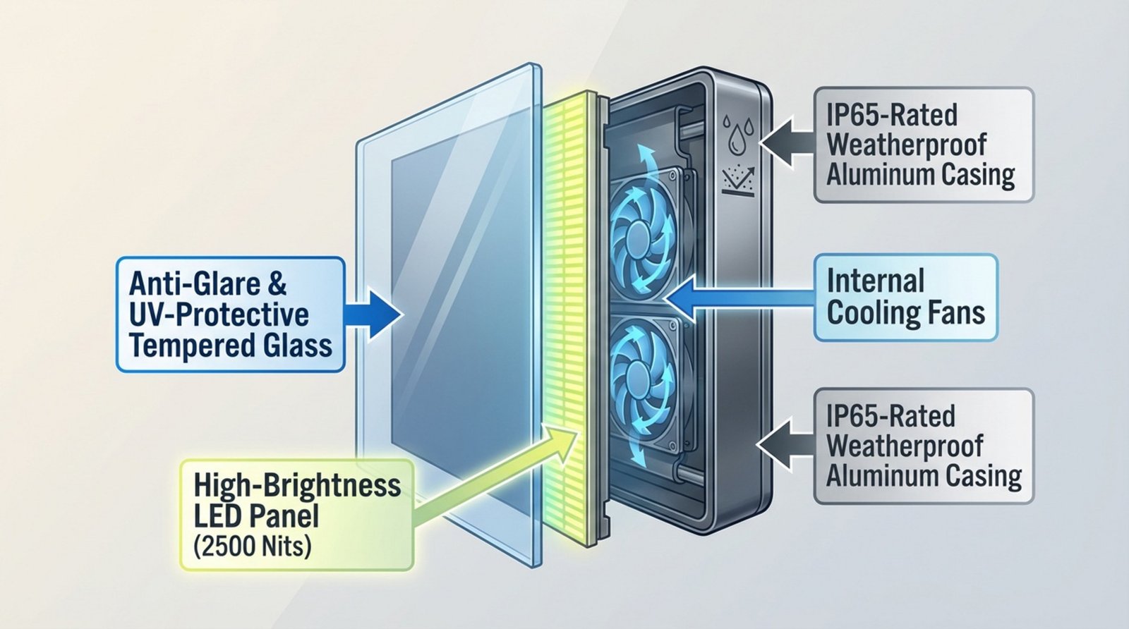 A technical infographic showing a cross-section of a weatherproof outdoor digital display with labeled layers including protective glass, LED panel, cooling fans, and weatherproof casing.
