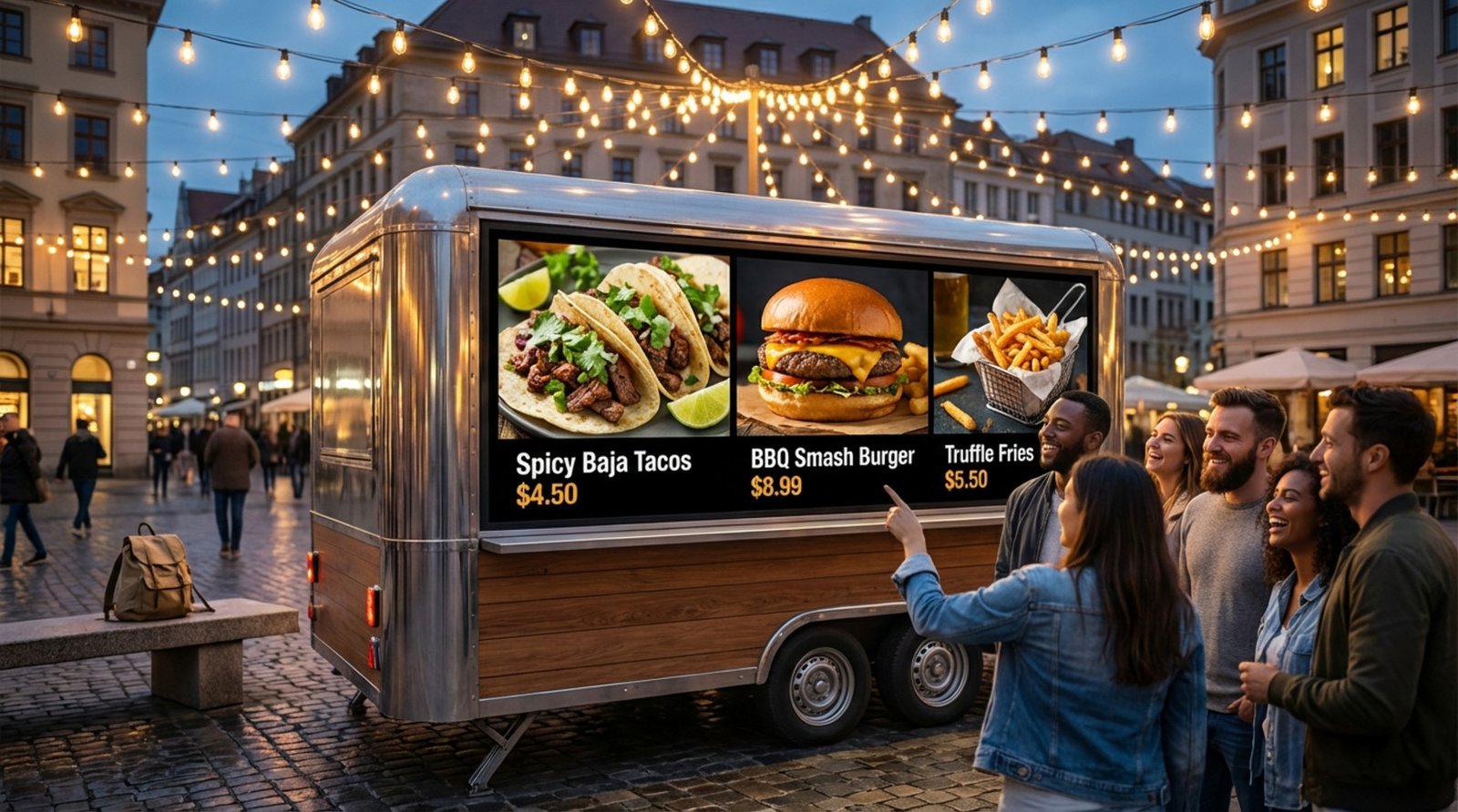 A modern food truck with a bright digital menu in a busy city square at dusk, attracting smiling customers and creating an inviting atmosphere.