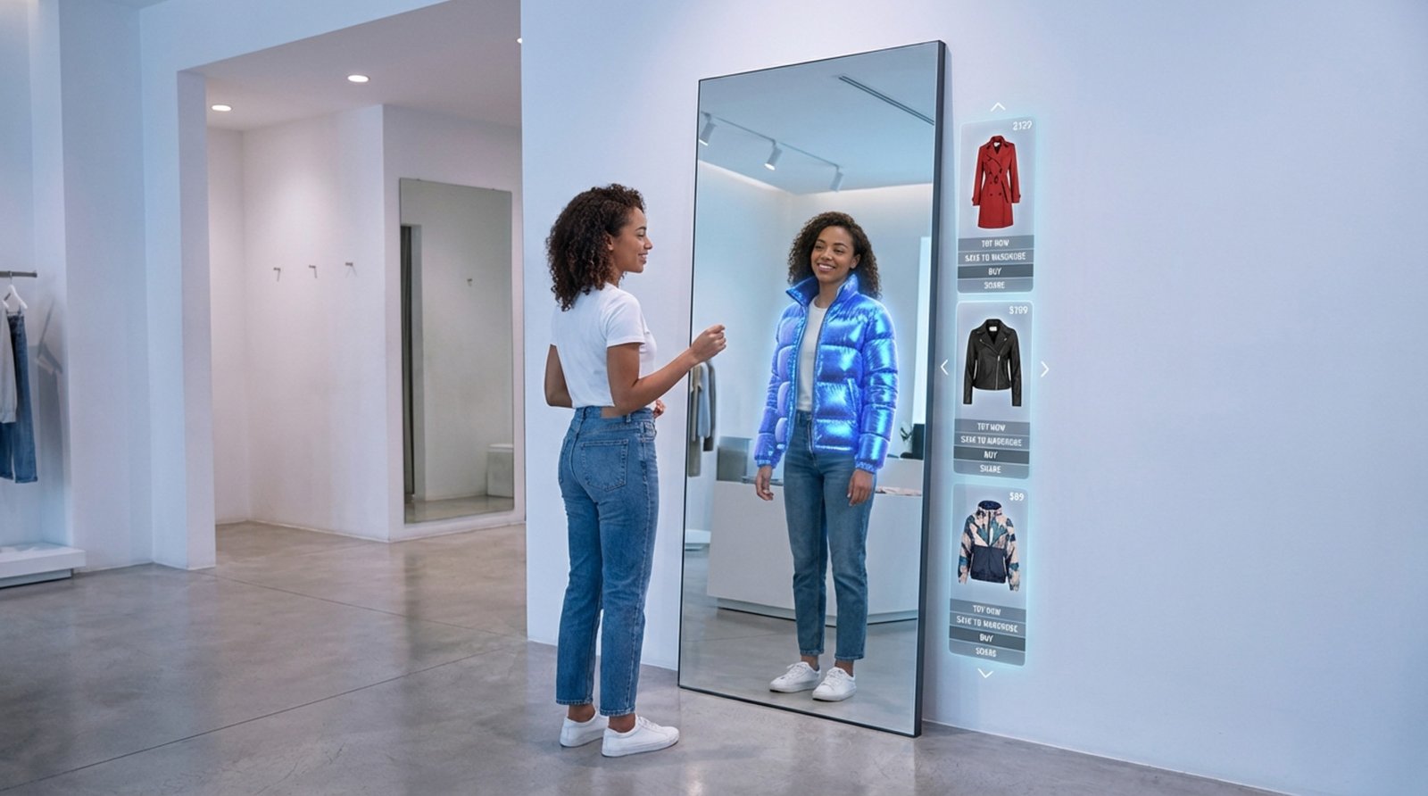 A woman interacts with a digital mirror showcasing virtual clothing options in a sleek store setting.