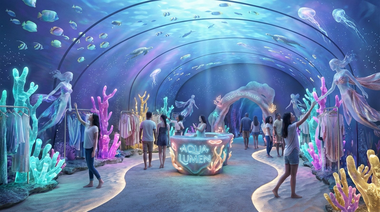 A fantastical retail space designed like an underwater coral reef with glowing structures and digital fish projections creating a magical deep-sea atmosphere.