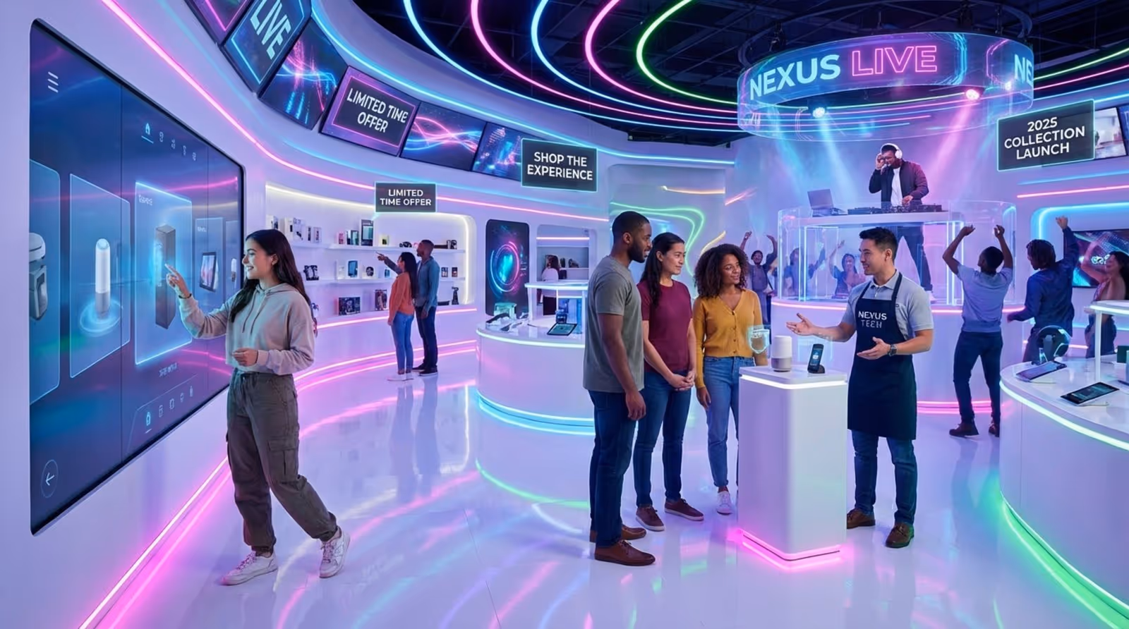 A lively retail store interior with shoppers engaging with digital displays and a live product demonstration, emphasizing an entertaining shopping experience.