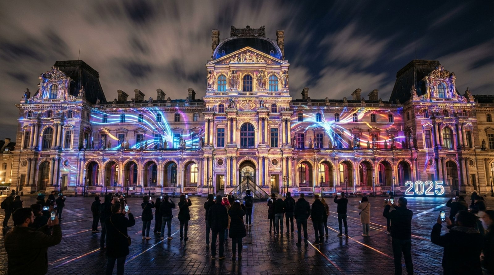 A nighttime scene of a European museum illuminated by vibrant projection mapping with a crowd watching.