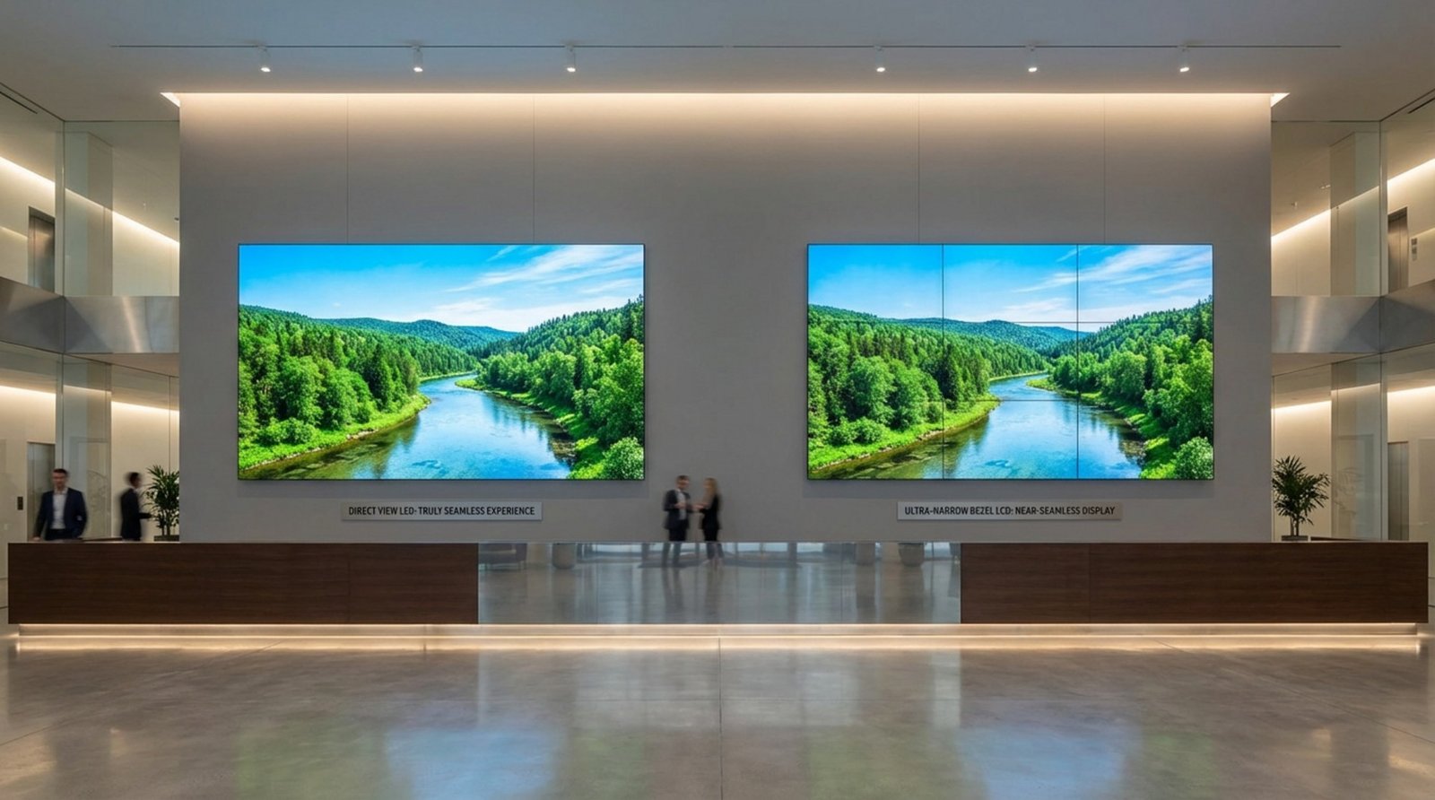 Photorealistic comparison of a seamless LED video wall and a narrow-bezel LCD wall displaying the same nature scene in a modern indoor space.