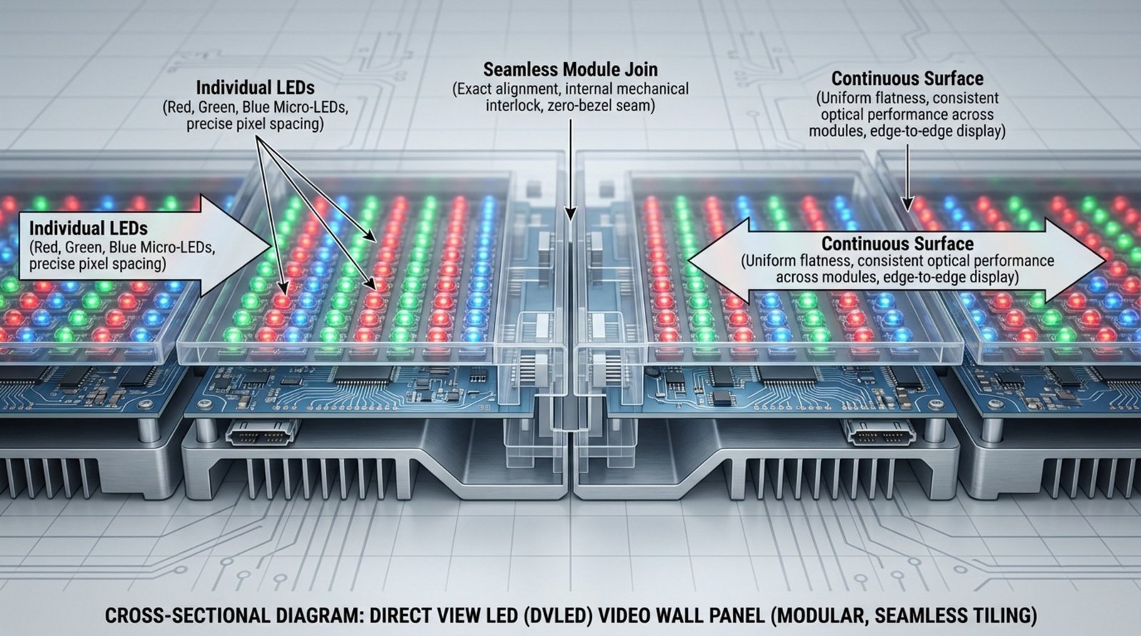 A detailed 3D technical diagram of a direct view LED video wall panel showing individual LEDs emitting light and seamless module tiling for a continuous surface.
