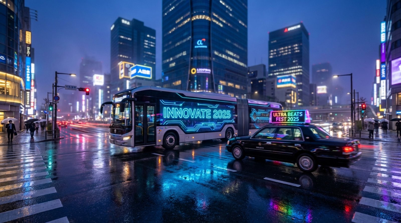 A vibrant cityscape at dusk with a bus and taxi moving on a wet reflective street, featuring bright digital advertisements and city lights in the background.