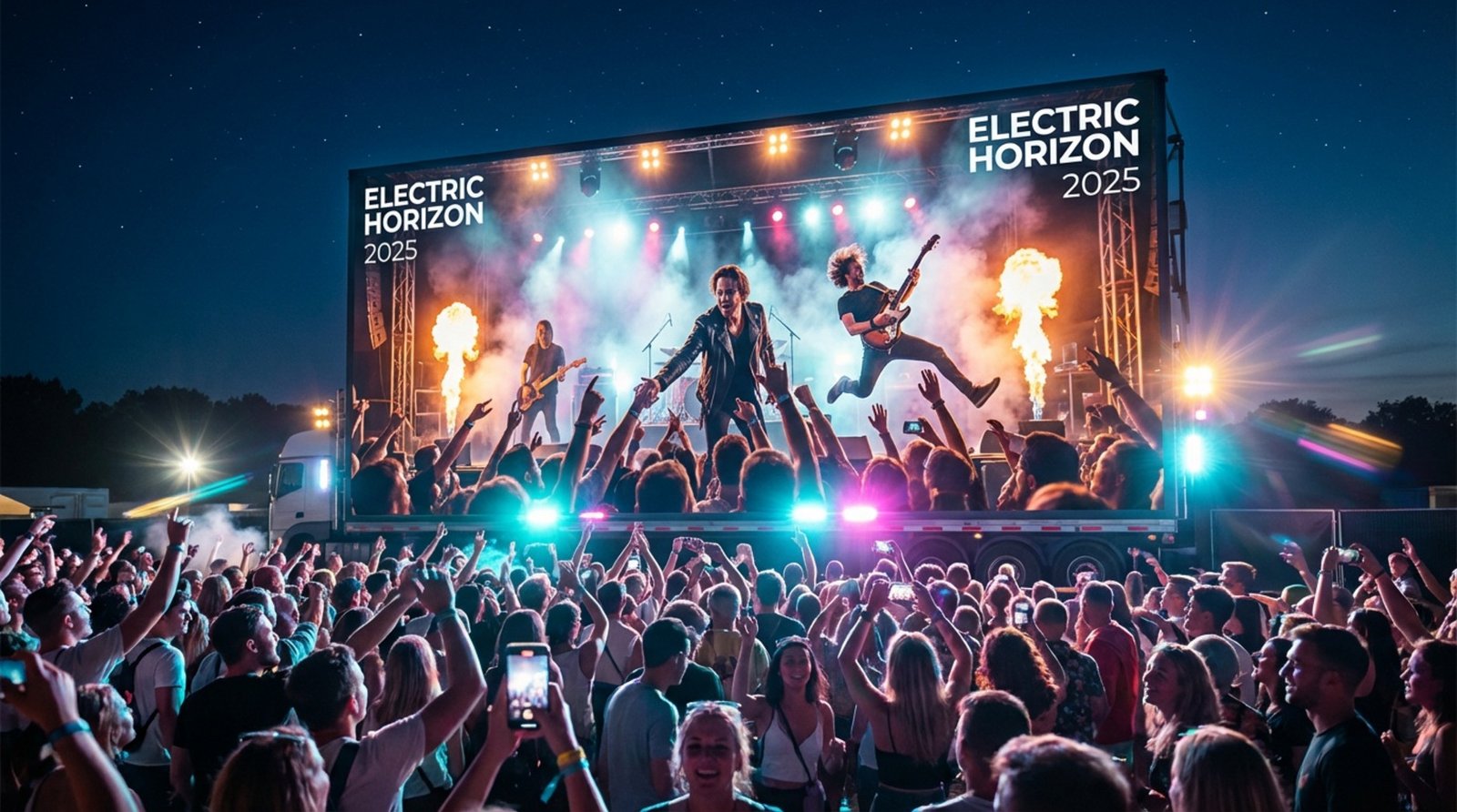 A large trailer-mounted LED screen displays a live band performance during a festival evening with a lively crowd watching.