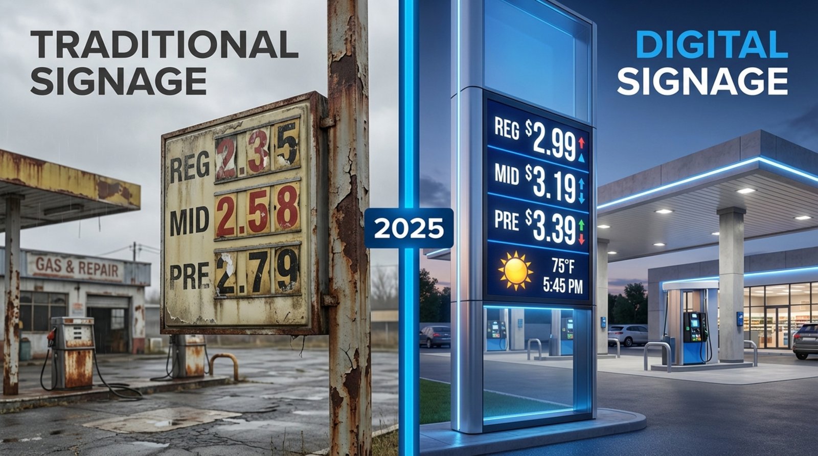 Split-screen comparison of old weathered signage and modern digital gas station display highlighting the contrast in clarity and technology.
