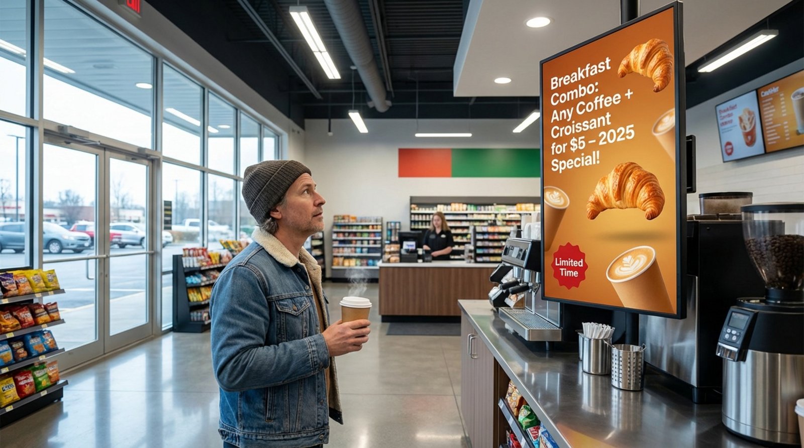 Customer examines a digital screen displaying a breakfast combo offer inside a bright modern gas station convenience store.
