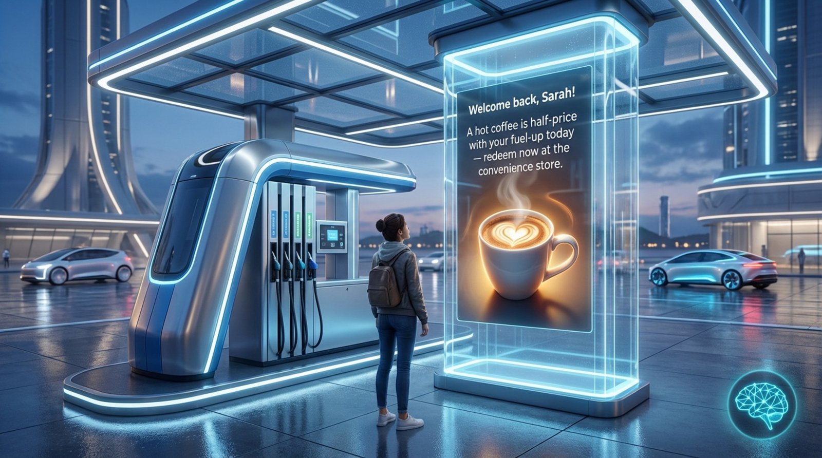 A customer at a sleek gas pump with a digital screen displaying a personalized AI-driven advertisement for half-price coffee during fuel-up in a high-tech style.