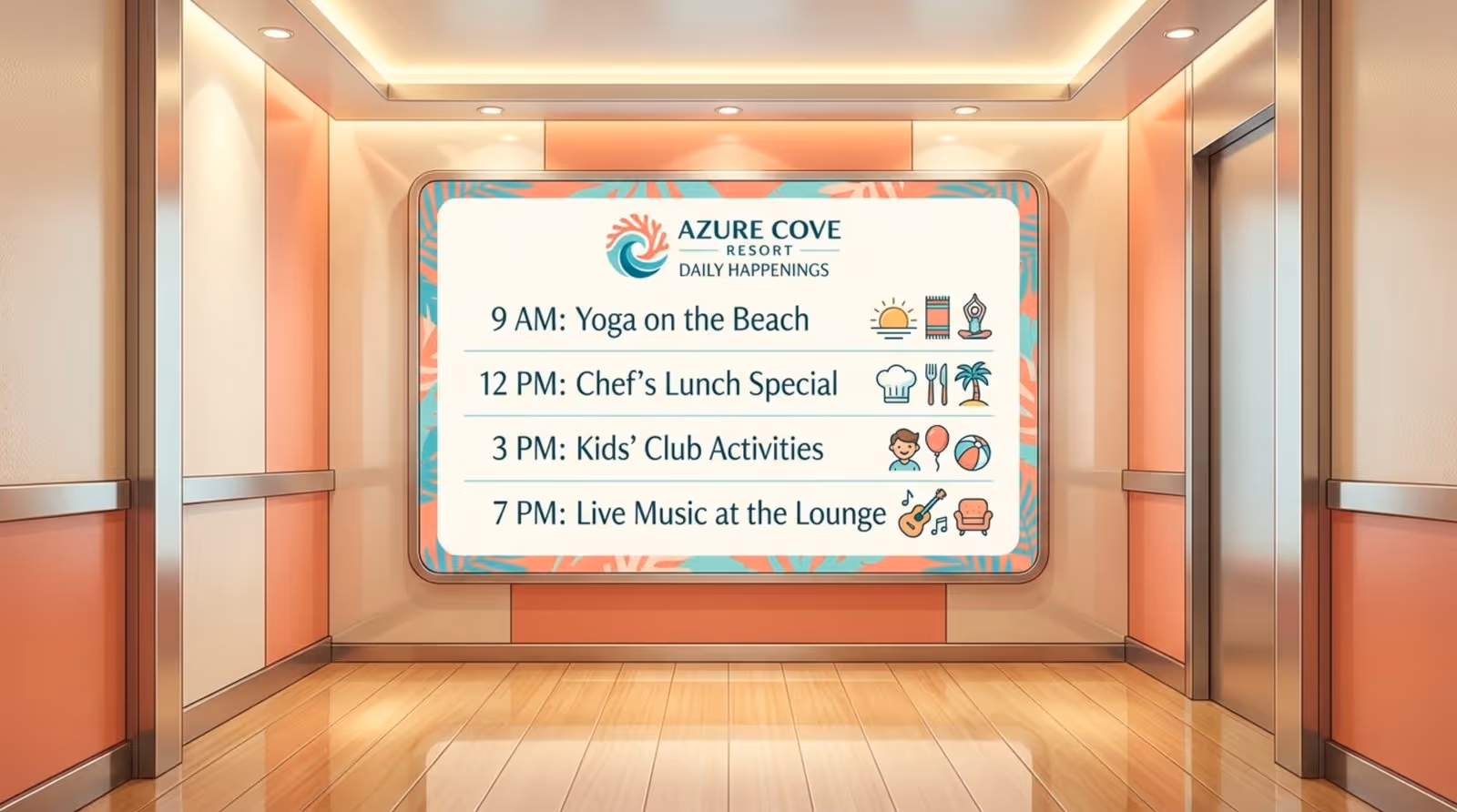 A digital screen inside a resort elevator displaying daily activities with friendly icons and modern design.