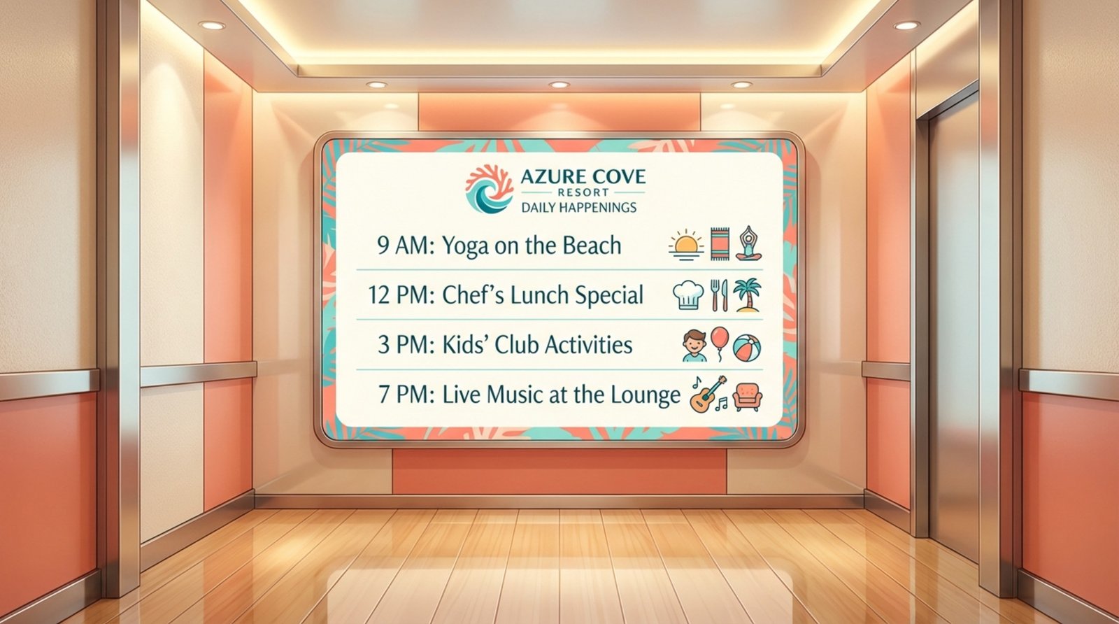 A digital screen inside a resort elevator displaying daily activities with friendly icons and modern design.