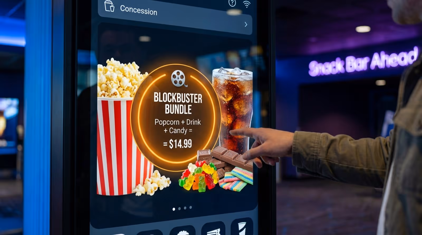Close-up of a digital cinema concession menu showing popcorn, sodas, and candy with a highlighted bundle offer.
