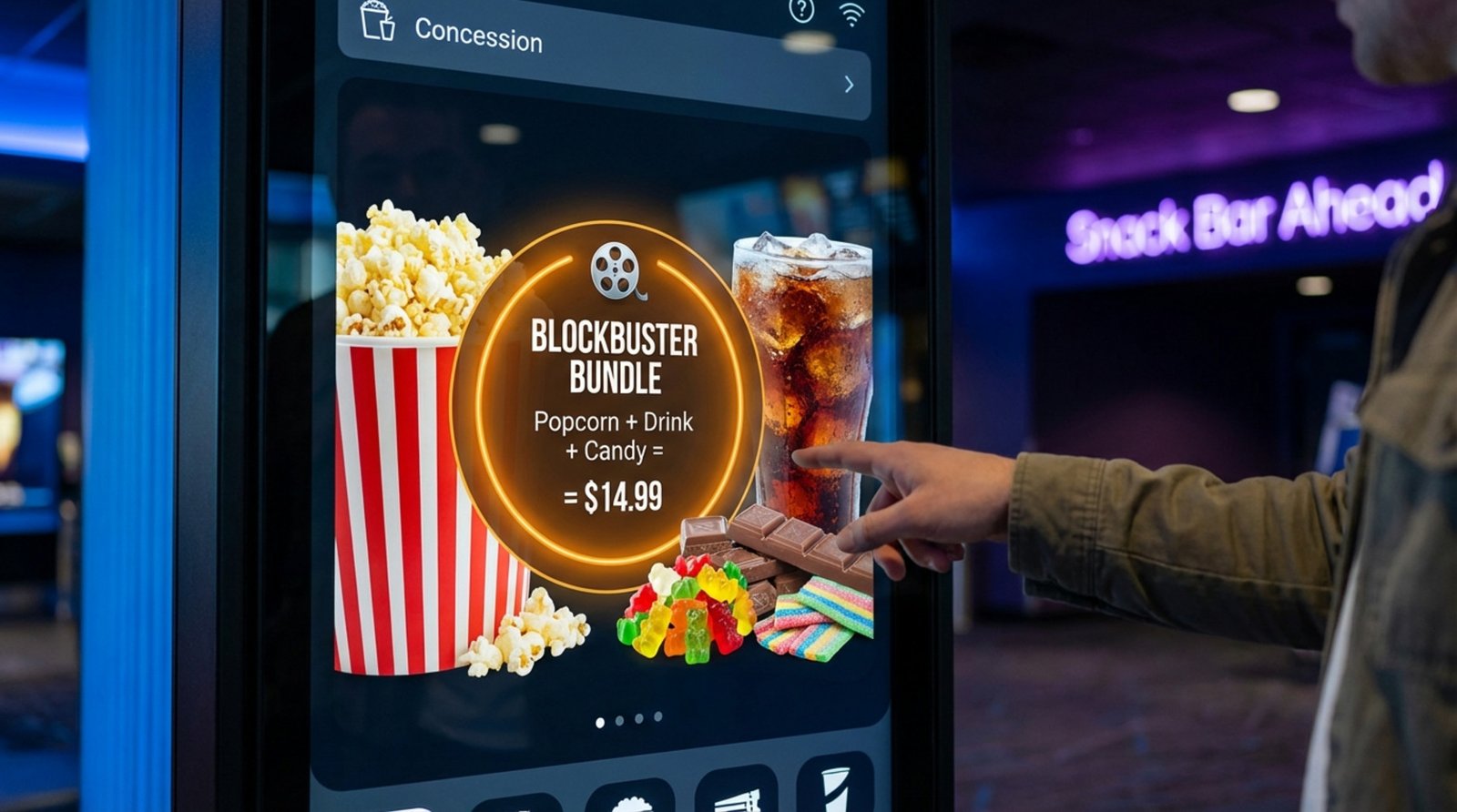 Close-up of a digital cinema concession menu showing popcorn, sodas, and candy with a highlighted bundle offer.