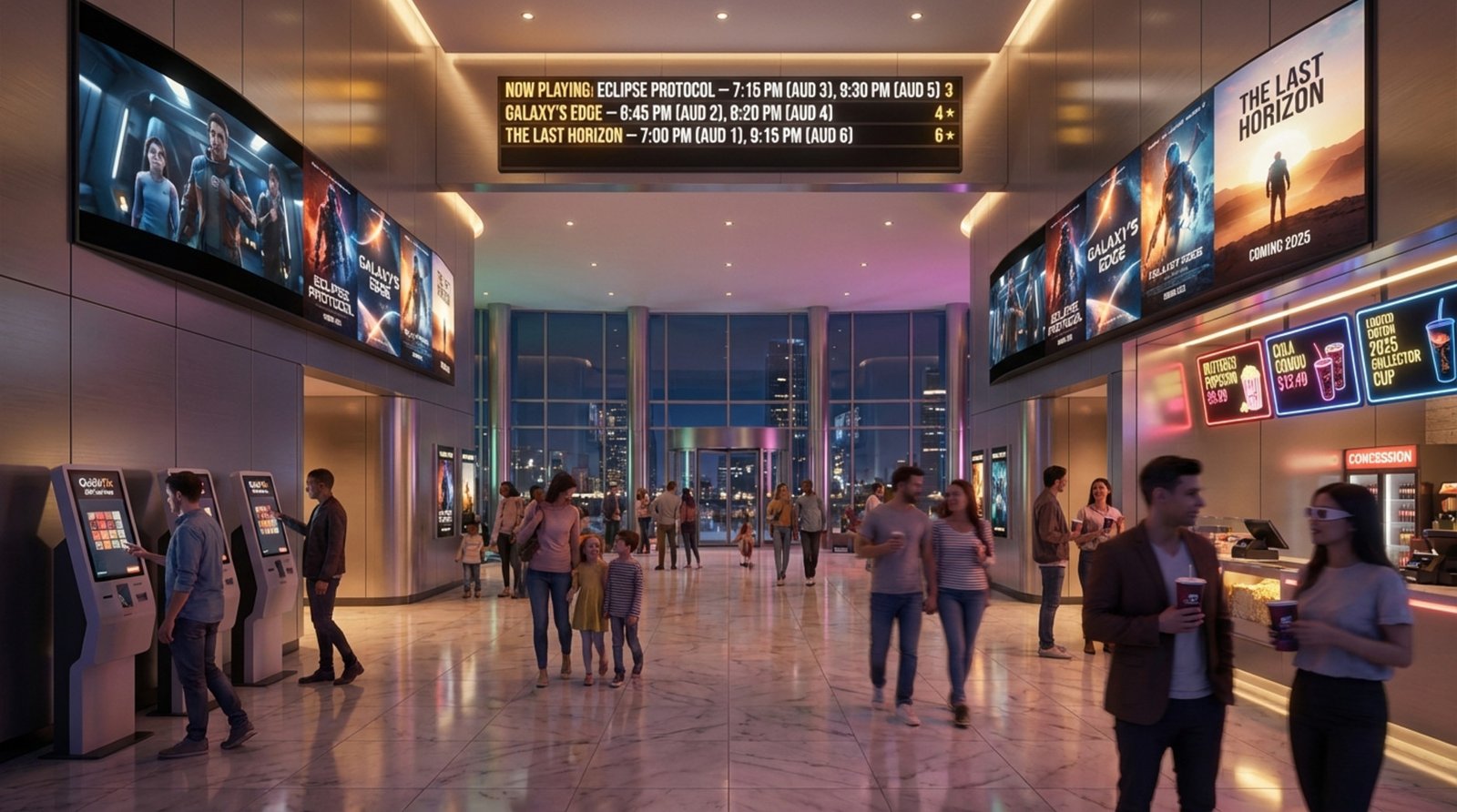 A bustling cinema lobby with digital signage, ticket kiosks, and visitors checking showtimes.