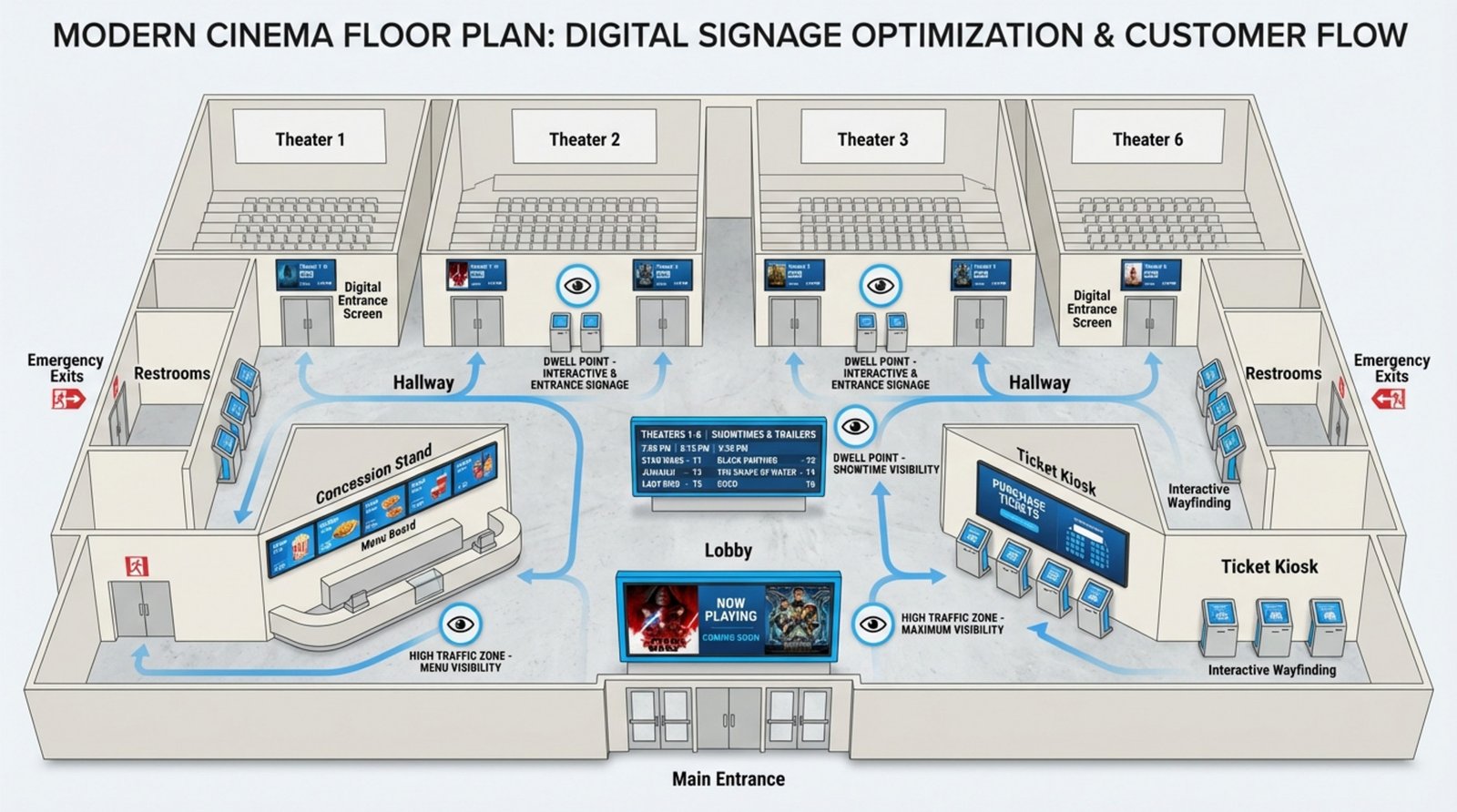 A modern infographic showing optimal placement of digital signage in a cinema floor plan with icons for screens at key locations and customer flow lines.