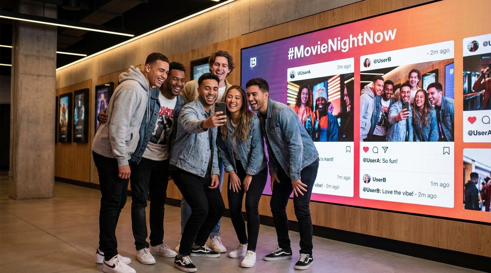 Young friends laugh and take a selfie in a cinema lobby with a social media feed on the screen showing their post and hashtag.