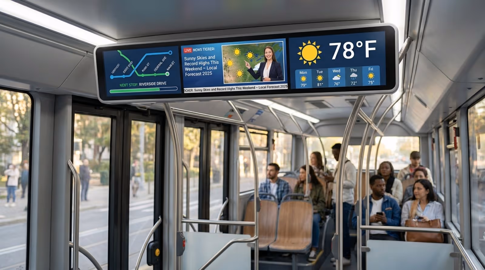 A digital screen inside a modern bus displaying route information news and weather with passengers in the background.