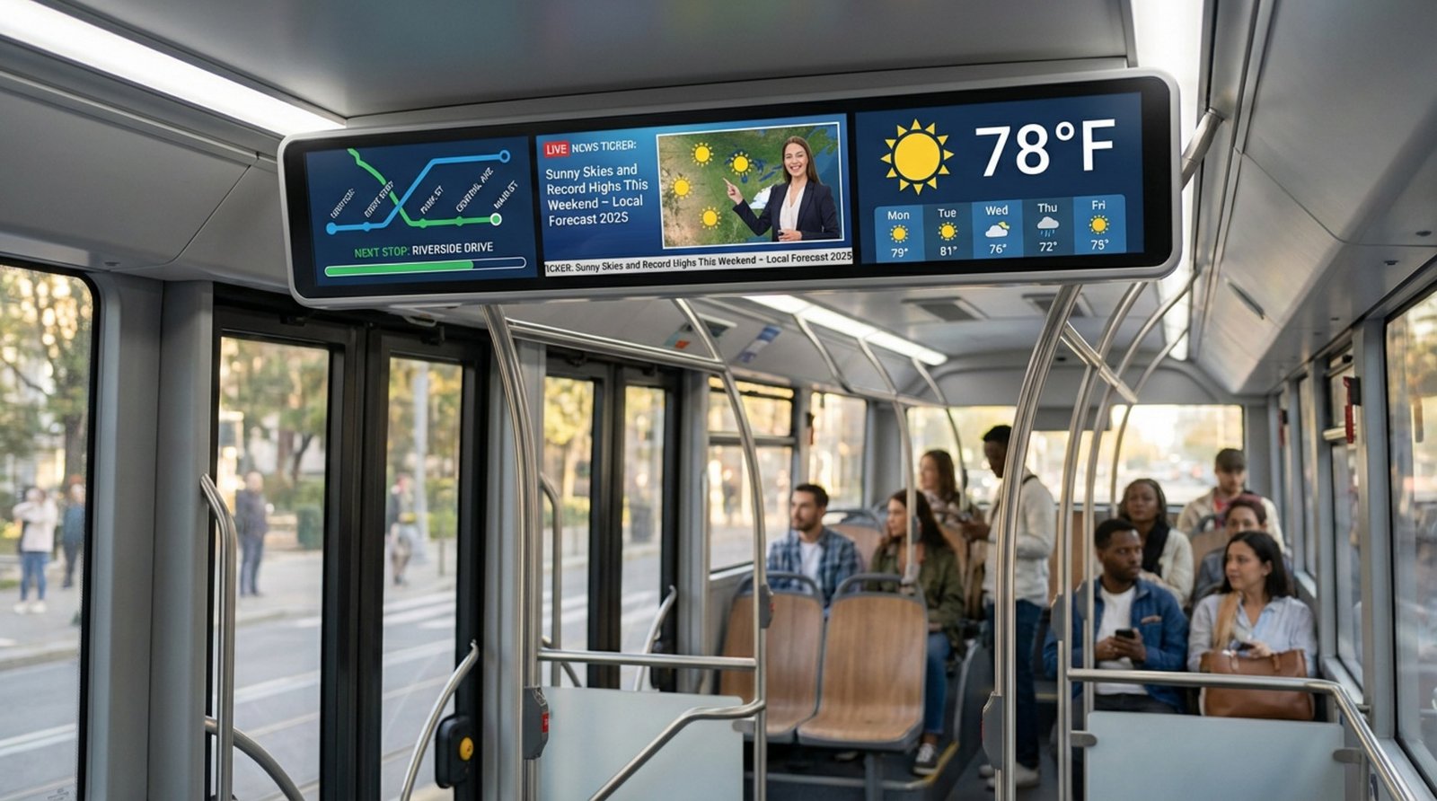 A digital screen inside a modern bus displaying route information news and weather with passengers in the background.