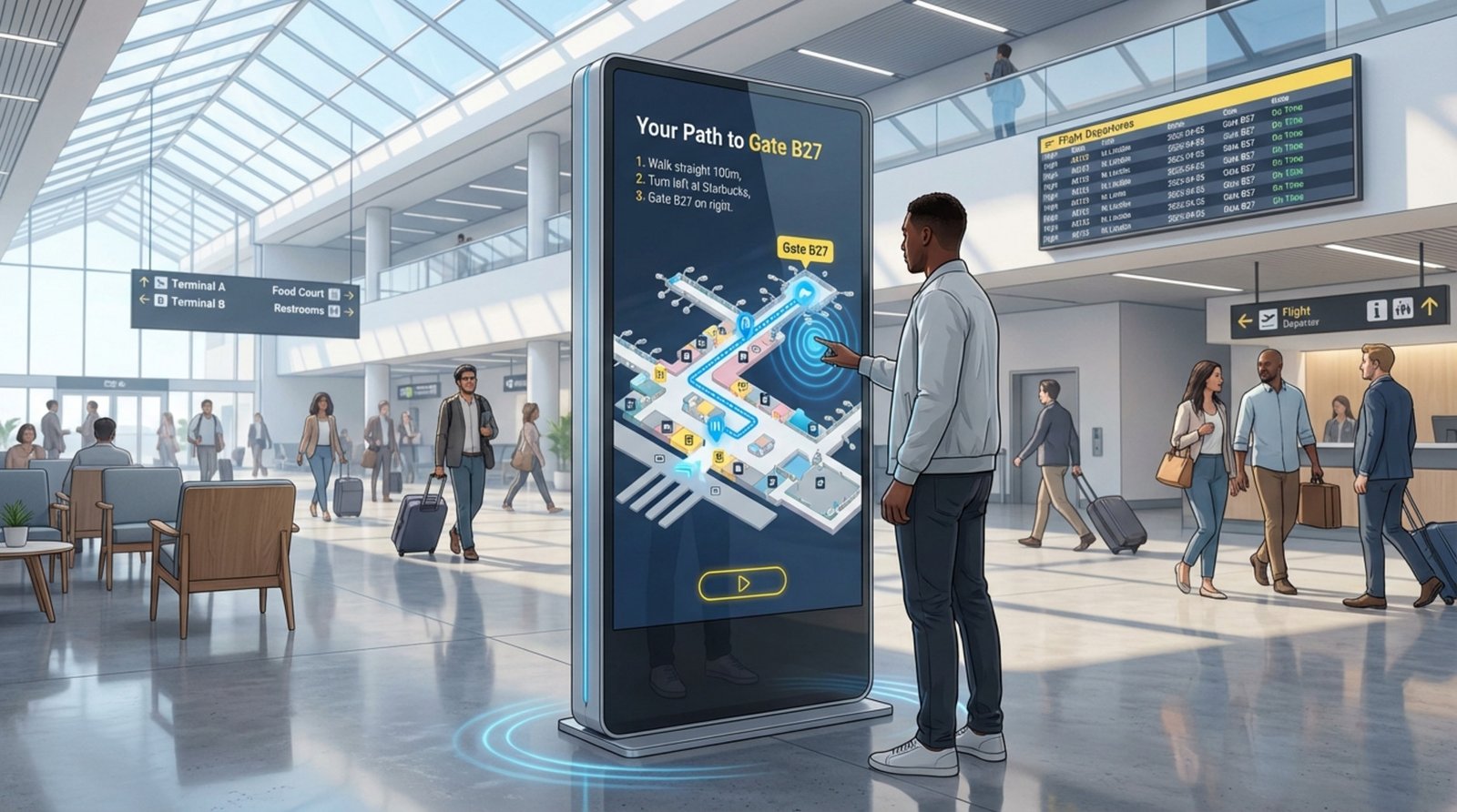 A person interacts with a digital airport kiosk displaying a 3D map and route to Gate B27 in a modern terminal.
