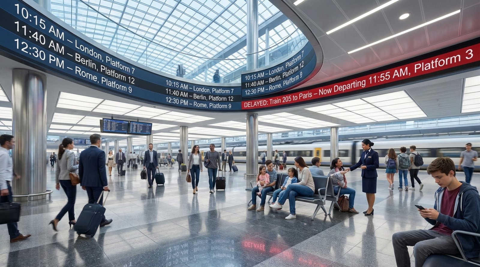 A bustling train station interior with digital screens showing schedules and delays, travelers waiting and walking with luggage.